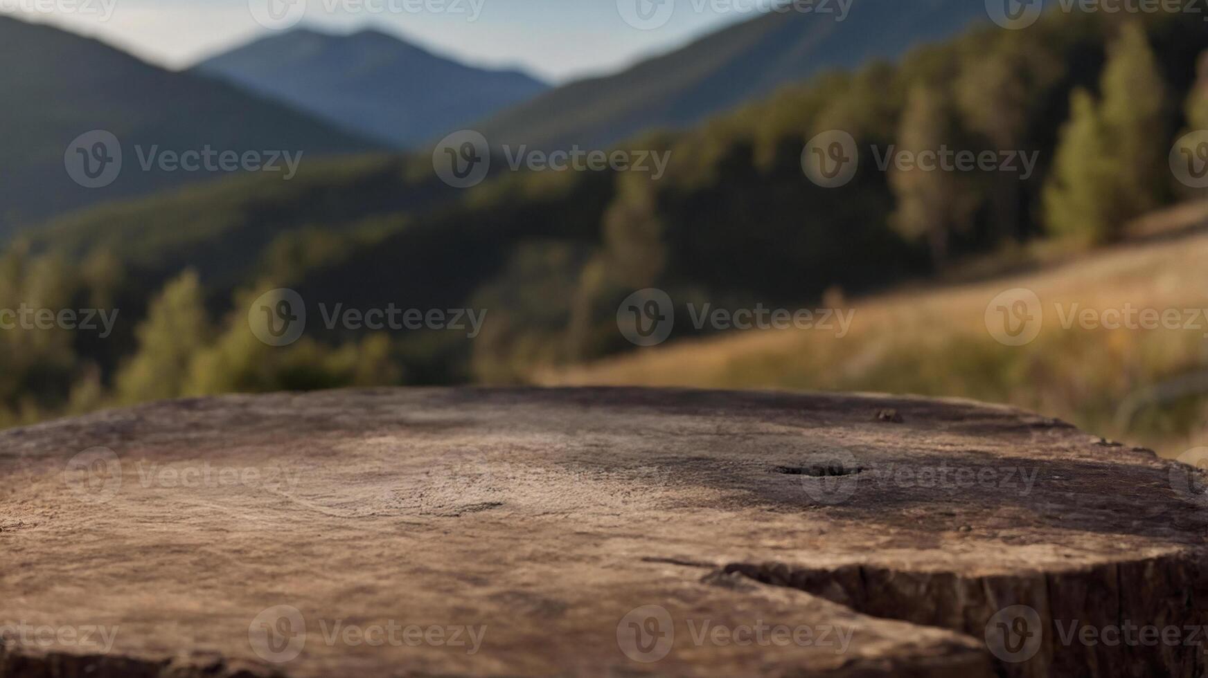 Rustic wooden stump against a blurred mountain backdrop. Perfect for showcasing your products in a natural setting. photo