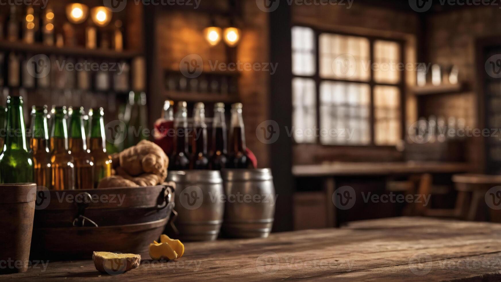 Rustic bar setting with bottles and barrels, perfect for showcasing your product. photo