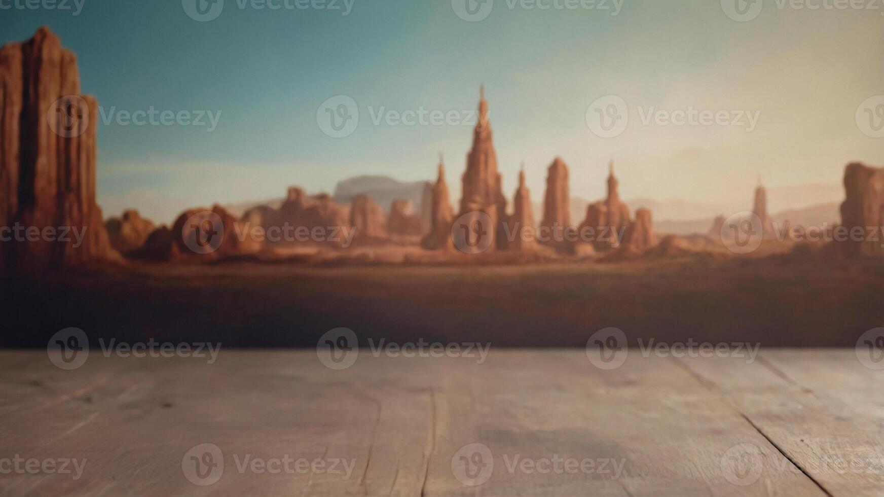 Desert landscape backdrop for product displays. Rustic wooden surface perfect for showcasing items against a blurred, scenic background. photo