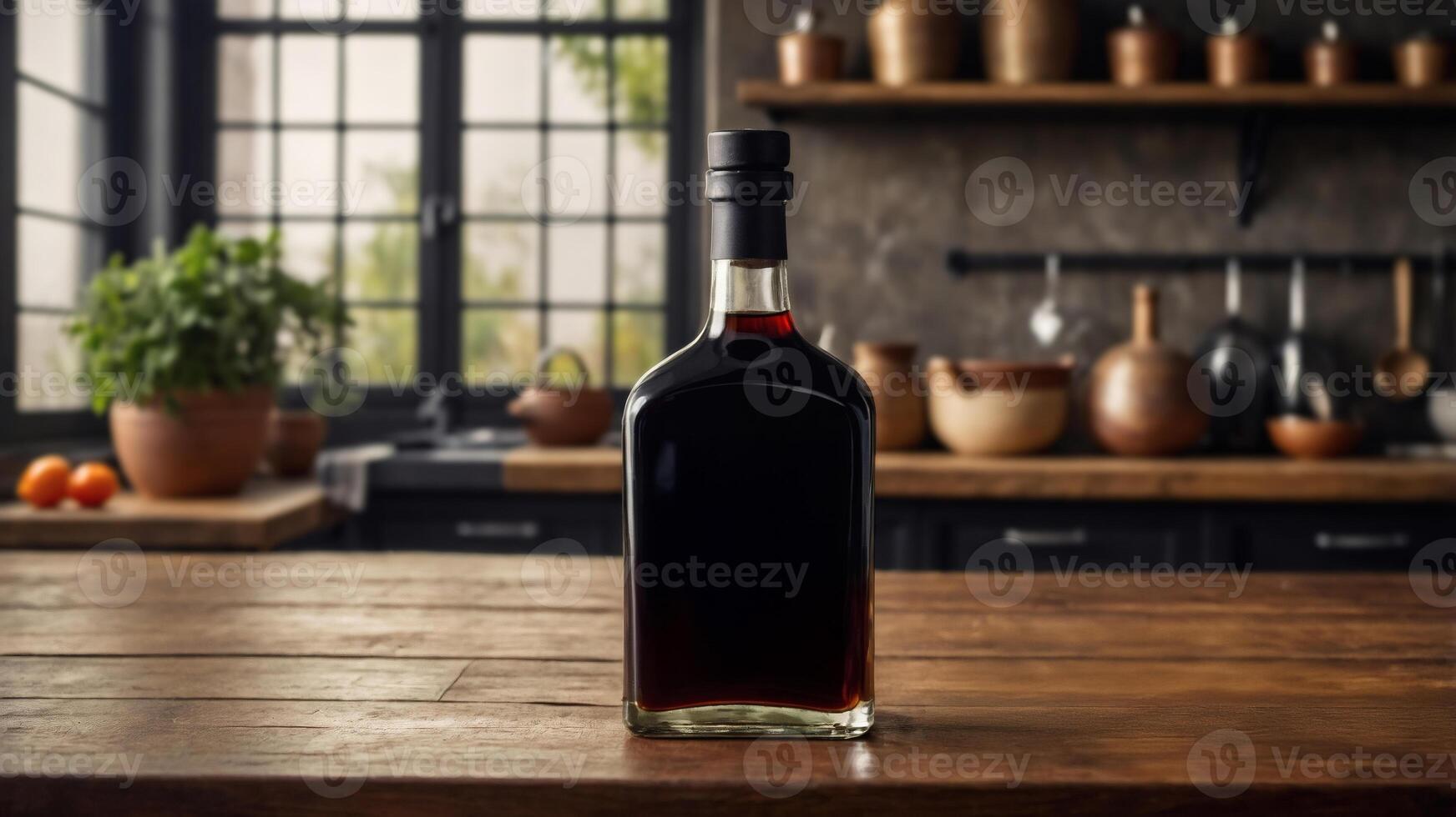 Dark-colored bottle on rustic wooden kitchen counter. A cozy, home-style kitchen setting is visible in the background. photo
