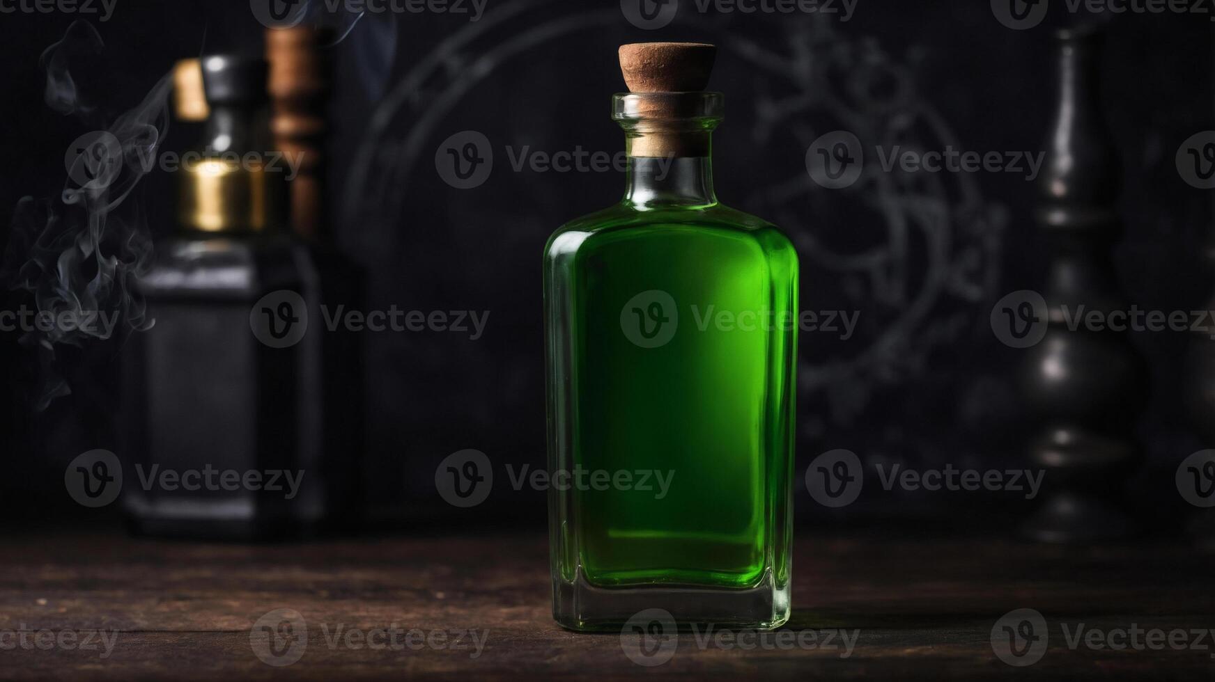 A bottle of vibrant green liquid sits on a dark wooden surface, with a smoky atmosphere and other dark objects in the background. photo