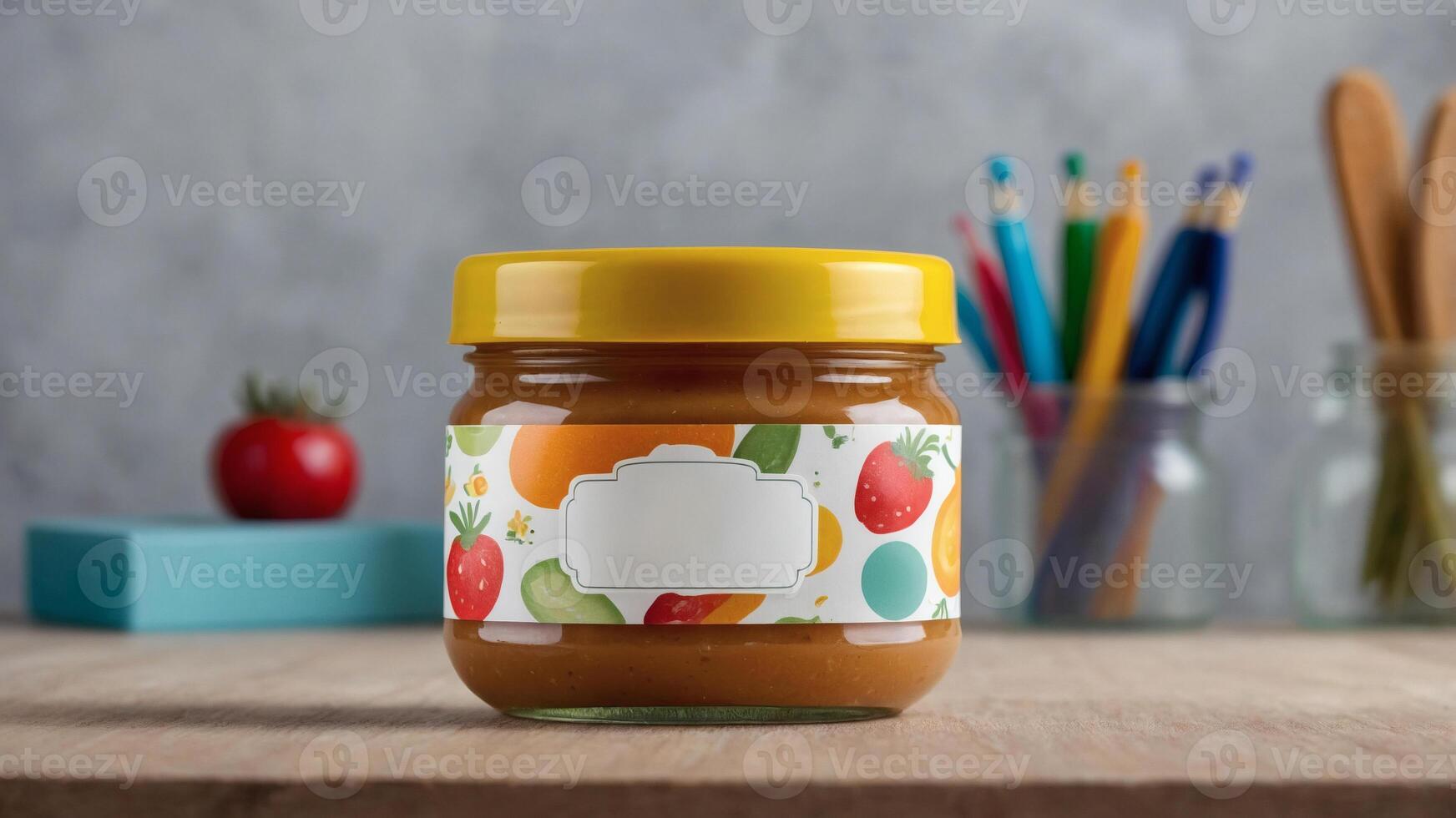A jar of fruit puree with a yellow lid sits on a wooden table, next to colorful pencils and a small tomato. photo