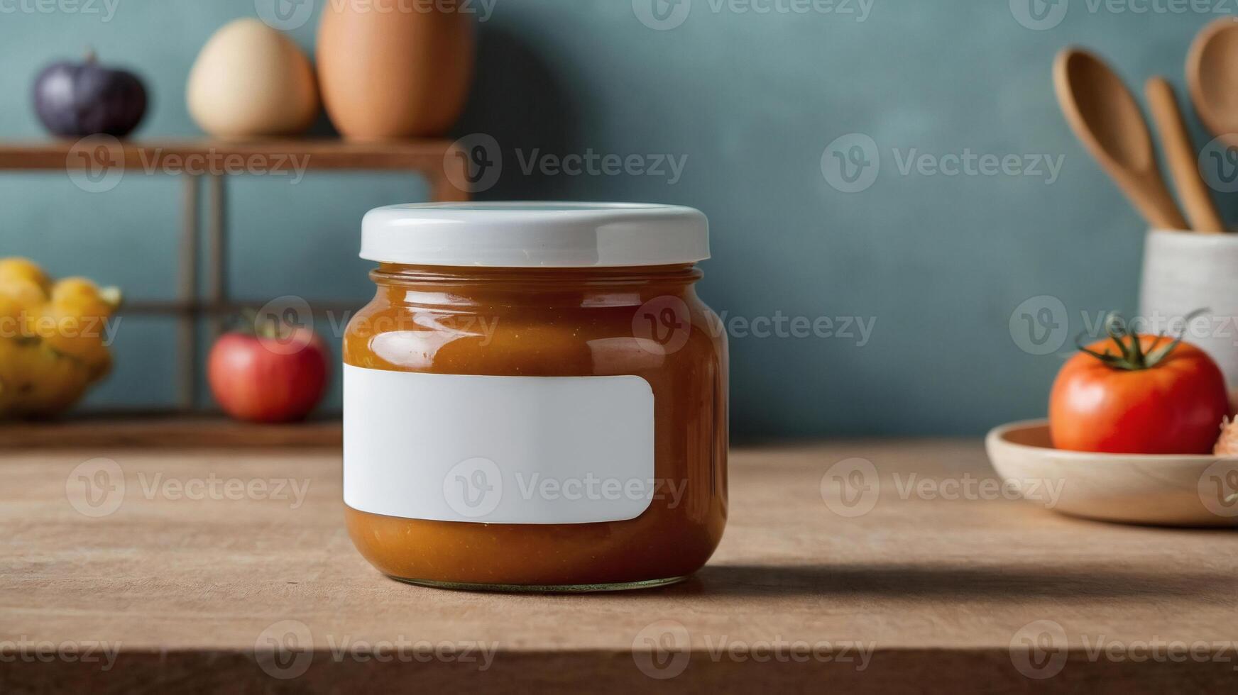 Jar of homemade fruit spread with blank label on wooden table. Perfect for your product packaging design. photo