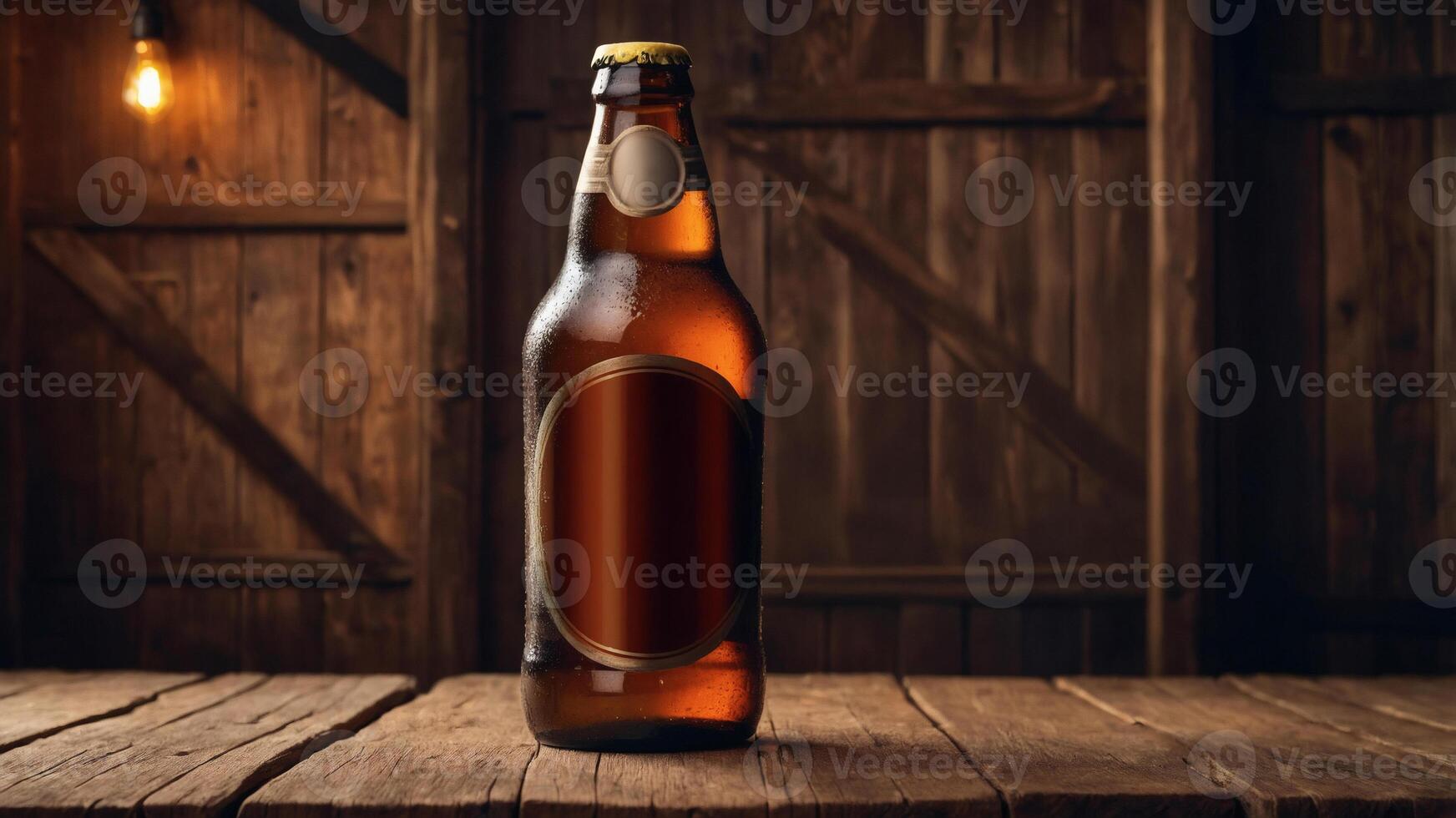 A bottle of beer with a blank label sits on a rustic wooden table, set against a backdrop of weathered barn wood. photo