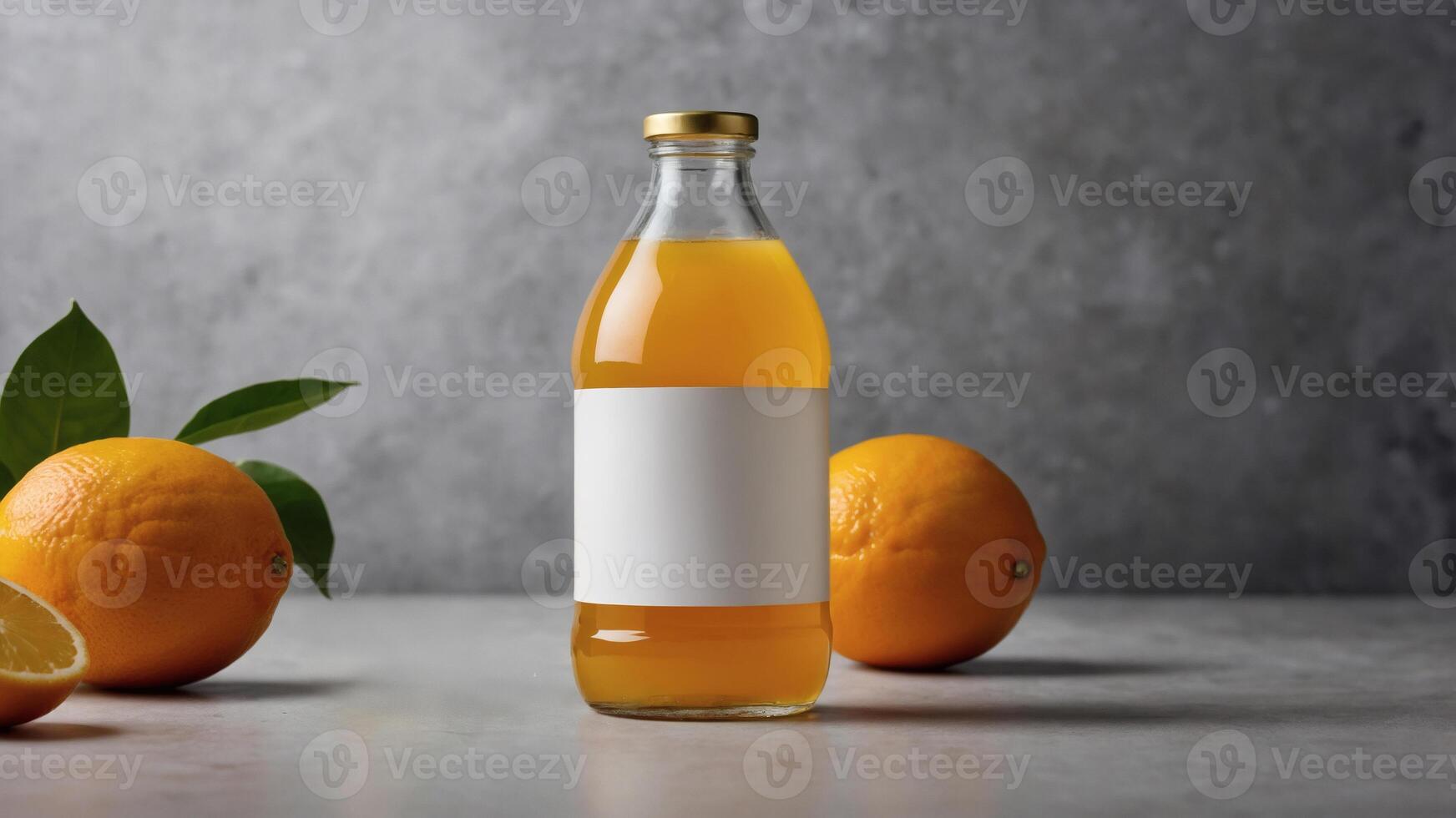 Orange juice bottle mockup with blank label. Perfect for showcasing your brand's citrus beverage. photo