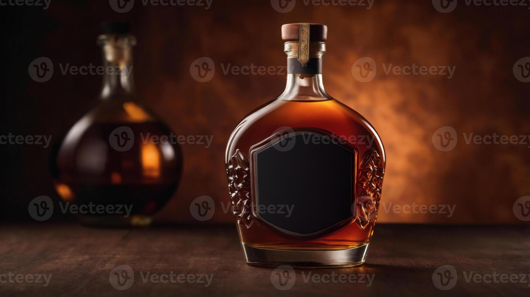 Decanter of amber liquid with blank label, set against a dark, rustic background. Perfect for spirits, liquor, or beverage branding. photo