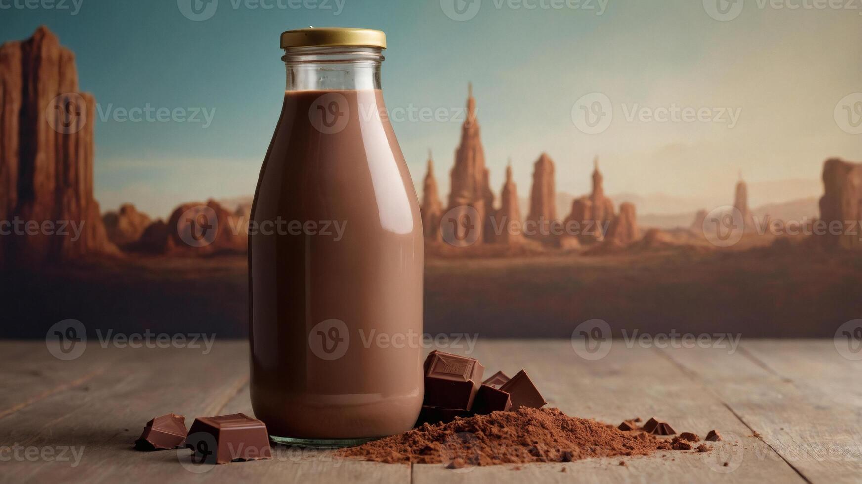 Chocolate milk bottle with cocoa powder and chocolate pieces. A desert landscape is in the background. photo