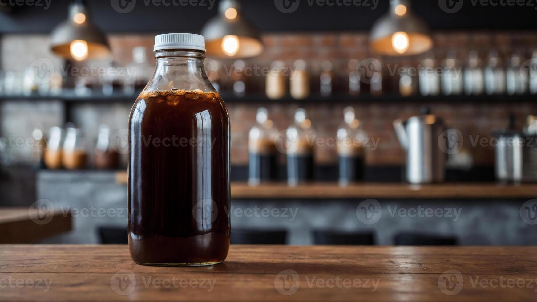 Cold brew coffee in a glass bottle on a wooden counter. Perfect for cafe or restaurant menus. photo
