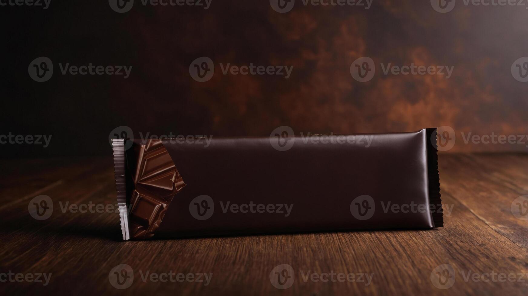 Dark chocolate bar in packaging on a wooden surface. A delicious treat, perfect for product photography or advertising. photo