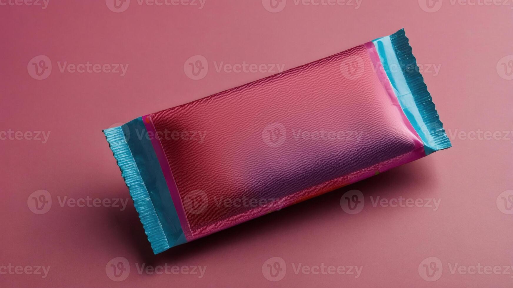 A vibrant, metallic candy bar wrapper mockup, showcasing a gradient design against a contrasting background. Ideal for packaging design inspiration. photo