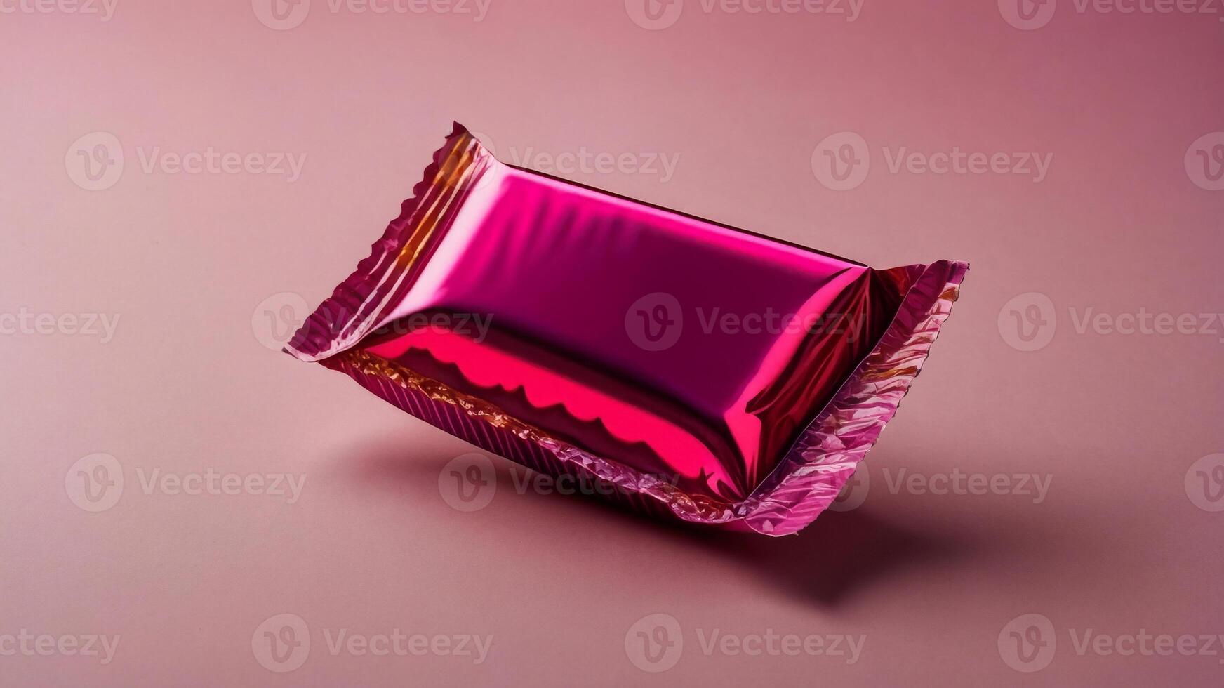 Shiny pink candy bar wrapper mockup. Perfect for showcasing your product design. photo