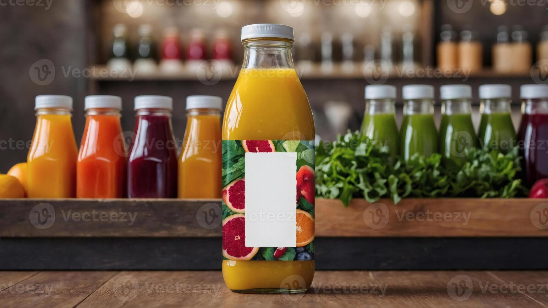 Healthy fruit juice bottle mockup with blank label. Perfect for showcasing your brand's design on a natural product. photo