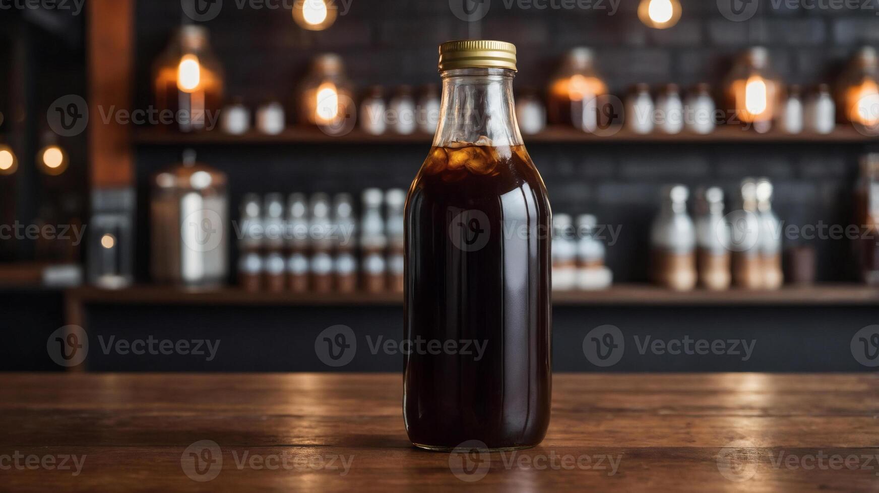 Cold brew coffee in glass bottle on wooden counter. Dark, rich beverage in cafe setting. photo
