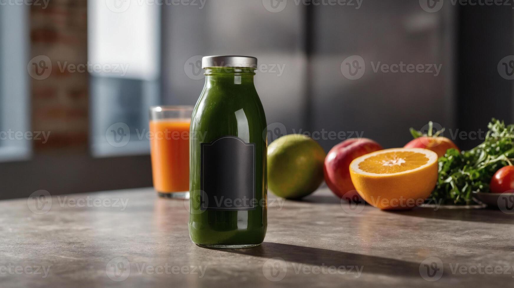 Healthy green juice in bottle with blank label, surrounded by fresh fruits and vegetables on kitchen counter. Perfect for healthy lifestyle branding. photo