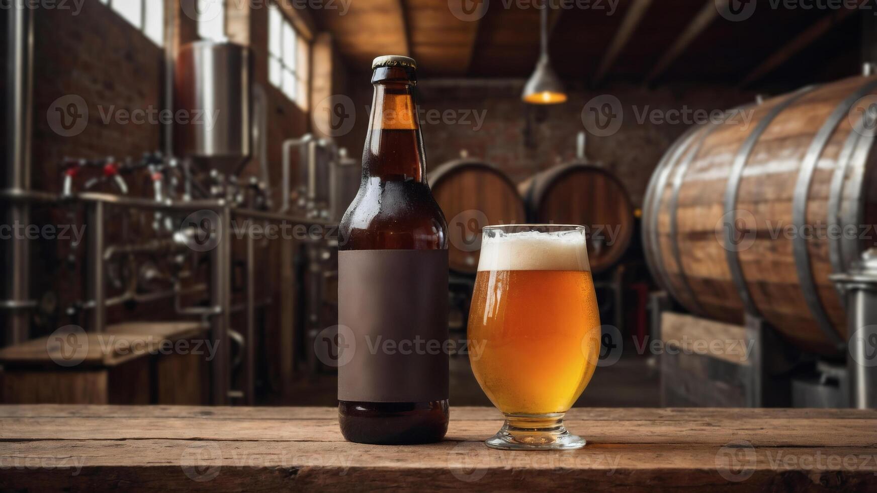 Craft Beer Bottle and Glass in Brewery Setting. Perfect for label mockups and advertising. photo