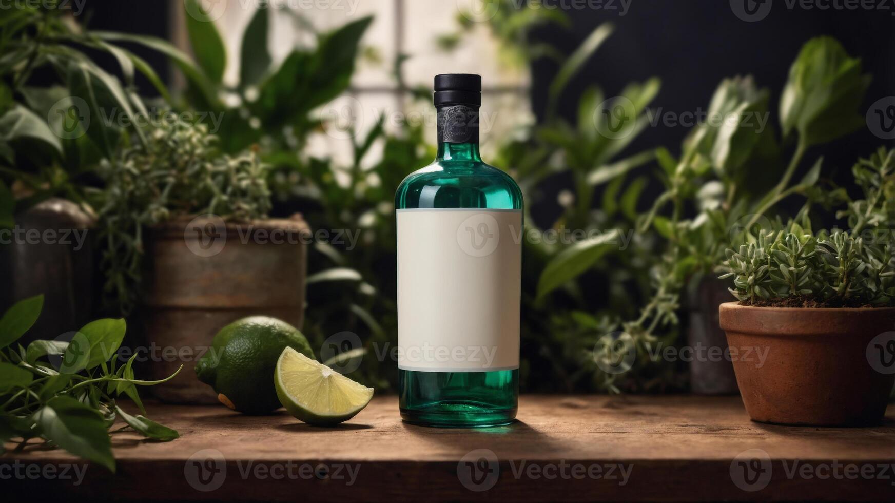 Green glass bottle with blank label, surrounded by lush greenery and limes. Perfect for showcasing your product photo