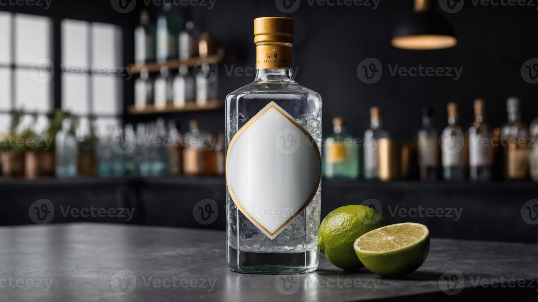 Gin bottle with ice and limes on a bar counter. Perfect for drink recipes, bar menus, or spirits advertising. photo