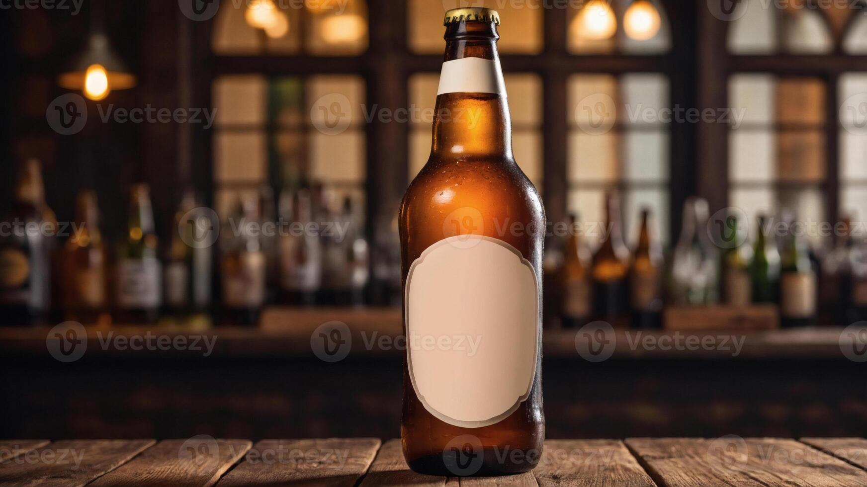 Beer bottle mockup on a rustic wooden bar, perfect for showcasing your brand. Blank label ready for customization. photo
