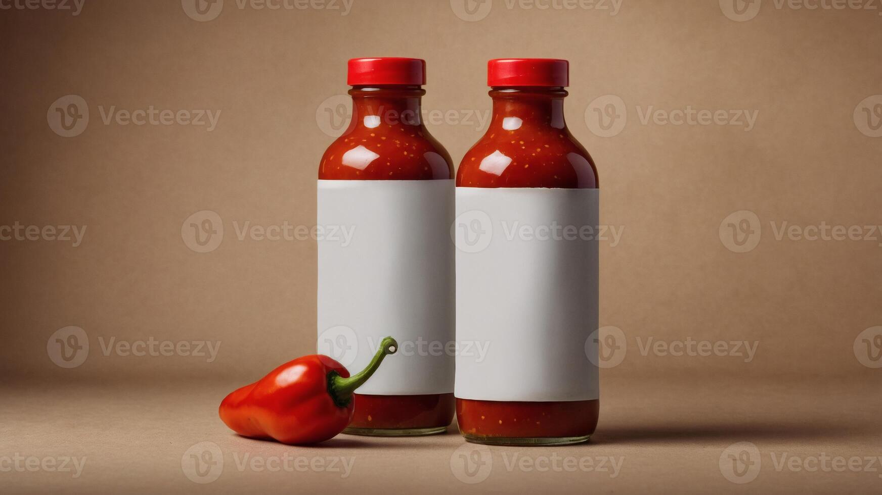 Two bottles of red hot sauce with blank labels and a red pepper. photo