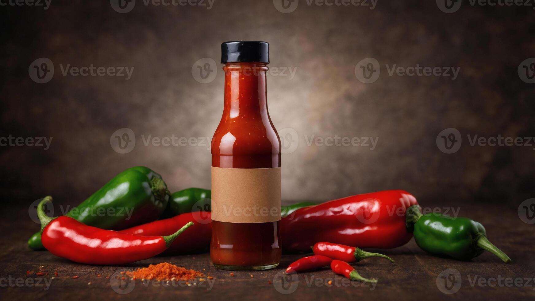 Spicy hot sauce bottle with chili peppers. Perfect for food blogs, restaurant menus, or packaging design. photo