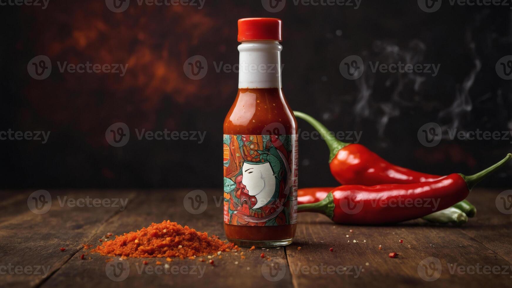 Spicy hot sauce bottle with chili peppers on wooden table. A vibrant label adds visual appeal. photo