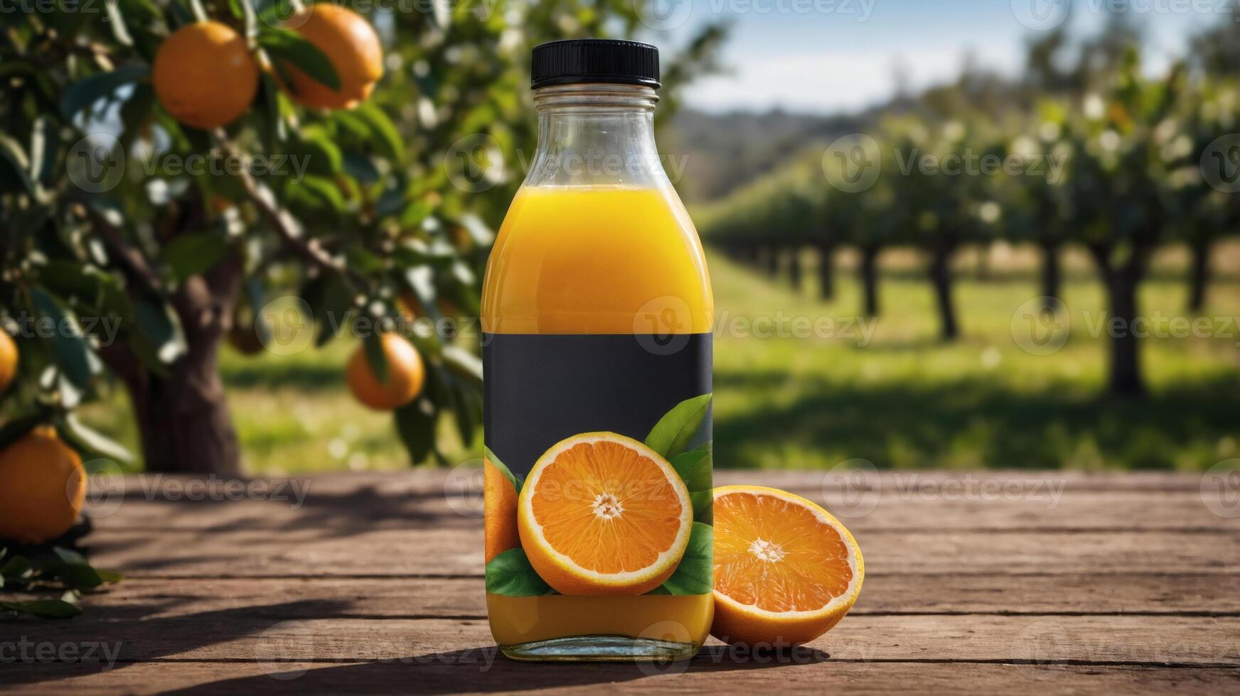 Fresh orange juice bottle on a rustic wooden table, with orange trees in the background. A perfect summer drink photo