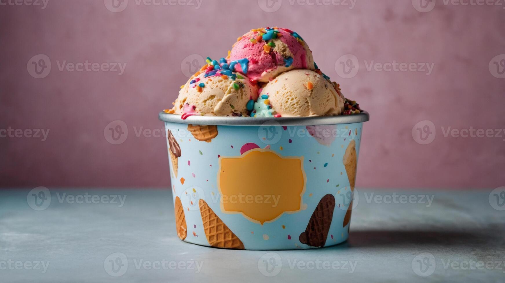 Delicious ice cream scoops in a colorful, patterned container. Perfect for summer photo