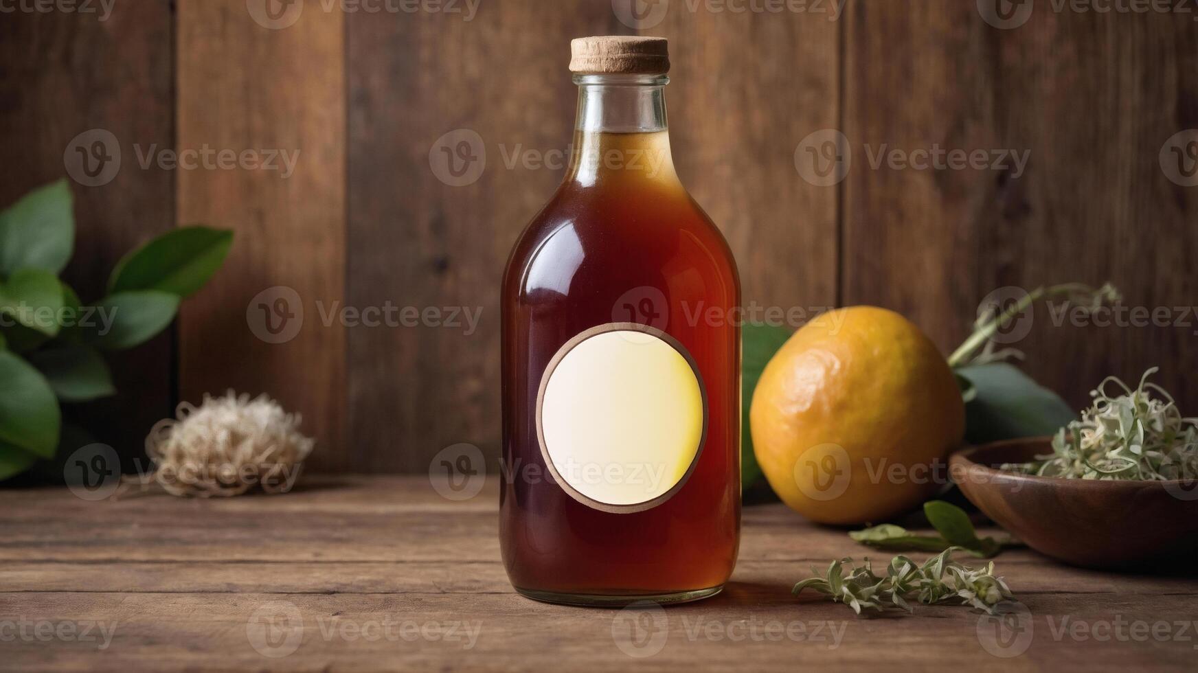 Amber liquid in a glass bottle with a blank label, surrounded by greenery and citrus fruit on a rustic wooden surface. photo