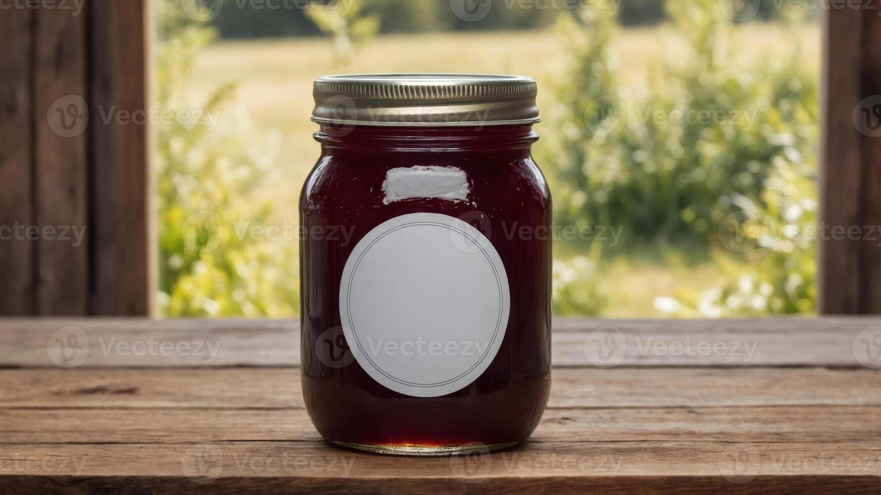 Mason jar with blank label, sitting on a rustic wooden surface with a blurred natural background. photo