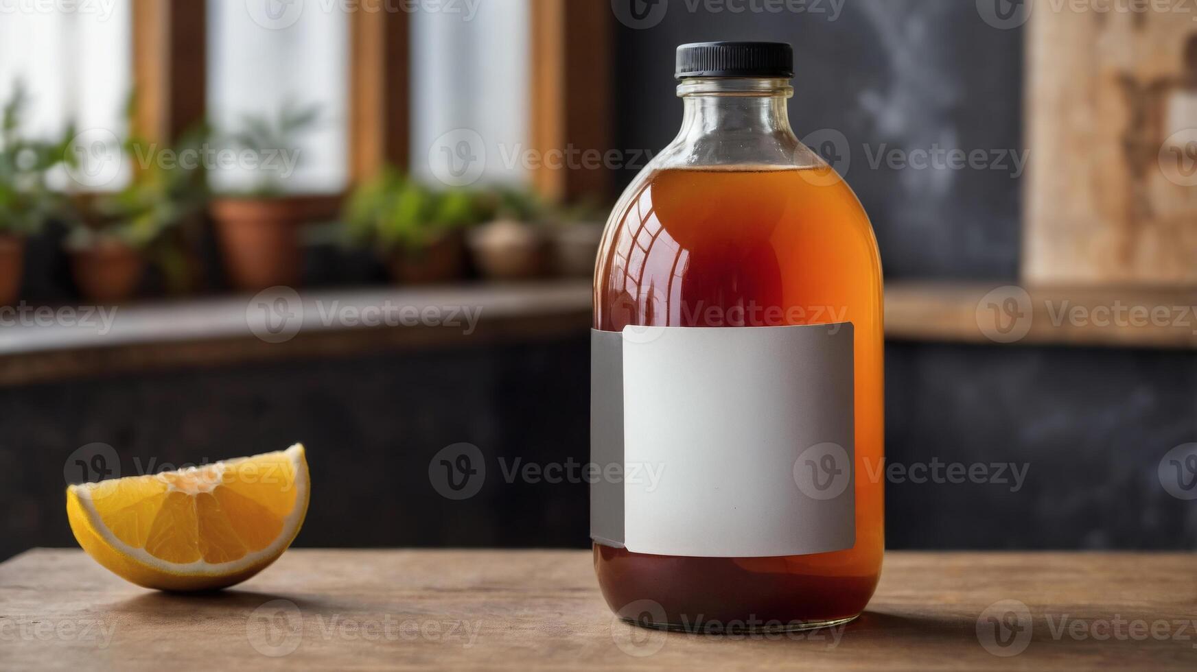 Amber liquid in glass bottle with blank label, a slice of citrus fruit on wooden surface. photo