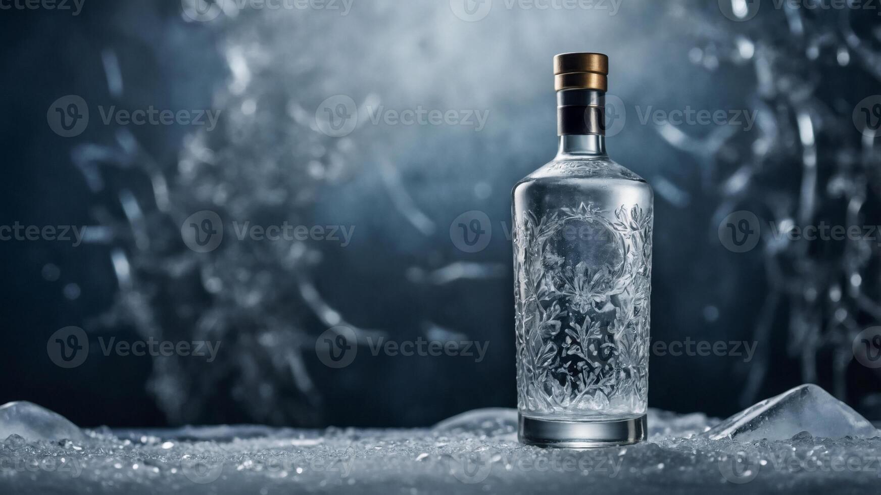 Elegant glass bottle with intricate etched design, resting on a bed of ice. Perfect for spirits or premium beverage advertising. photo