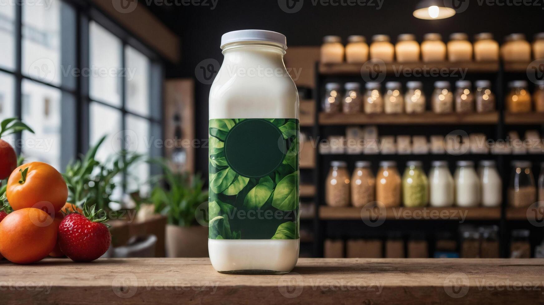 Dairy bottle mockup in a grocery store setting. Perfect for your milk, yogurt, or cream product label designs. photo