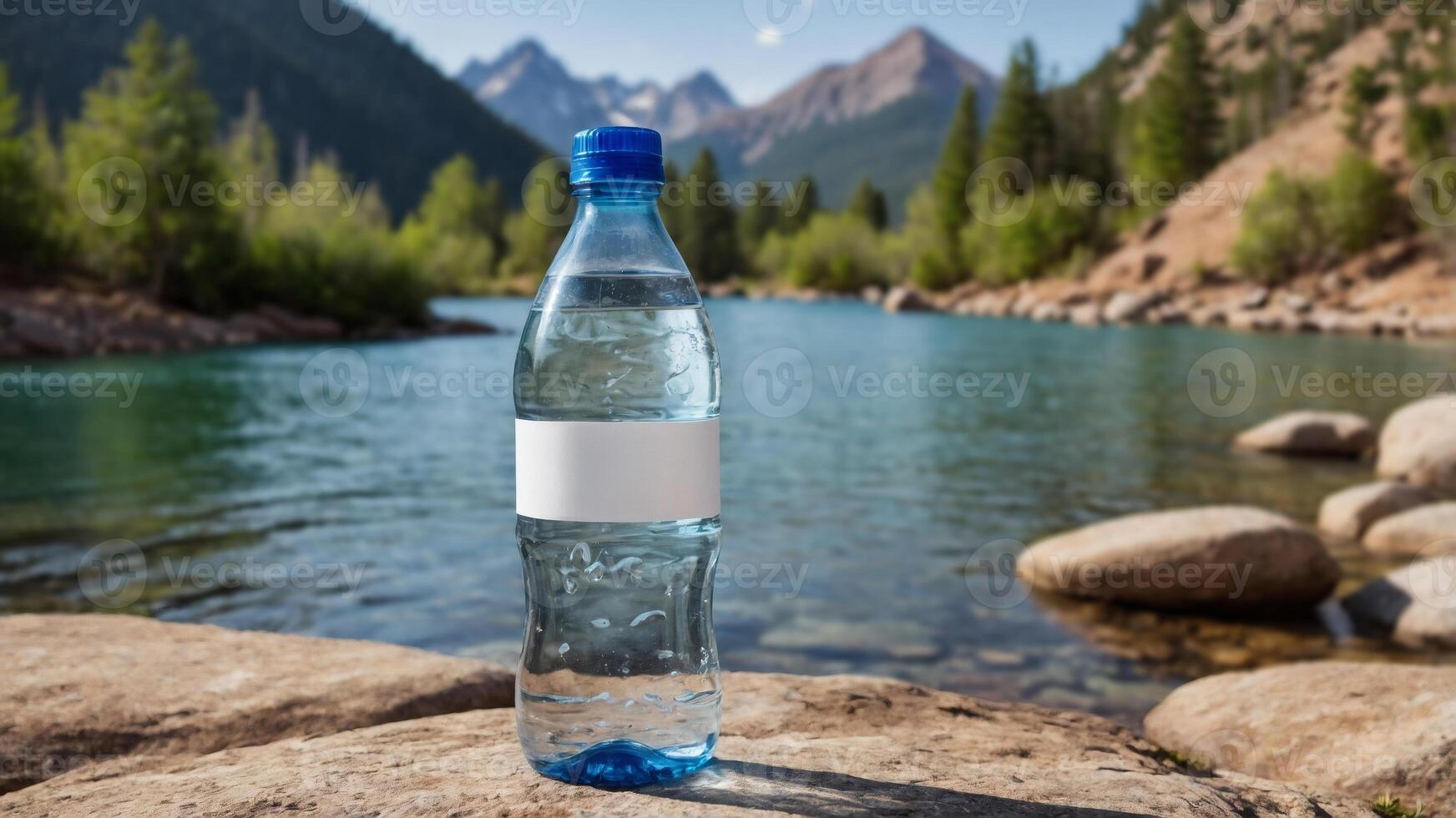 Refreshing water bottle by a serene mountain lake. Perfect for hydration and outdoor adventures photo