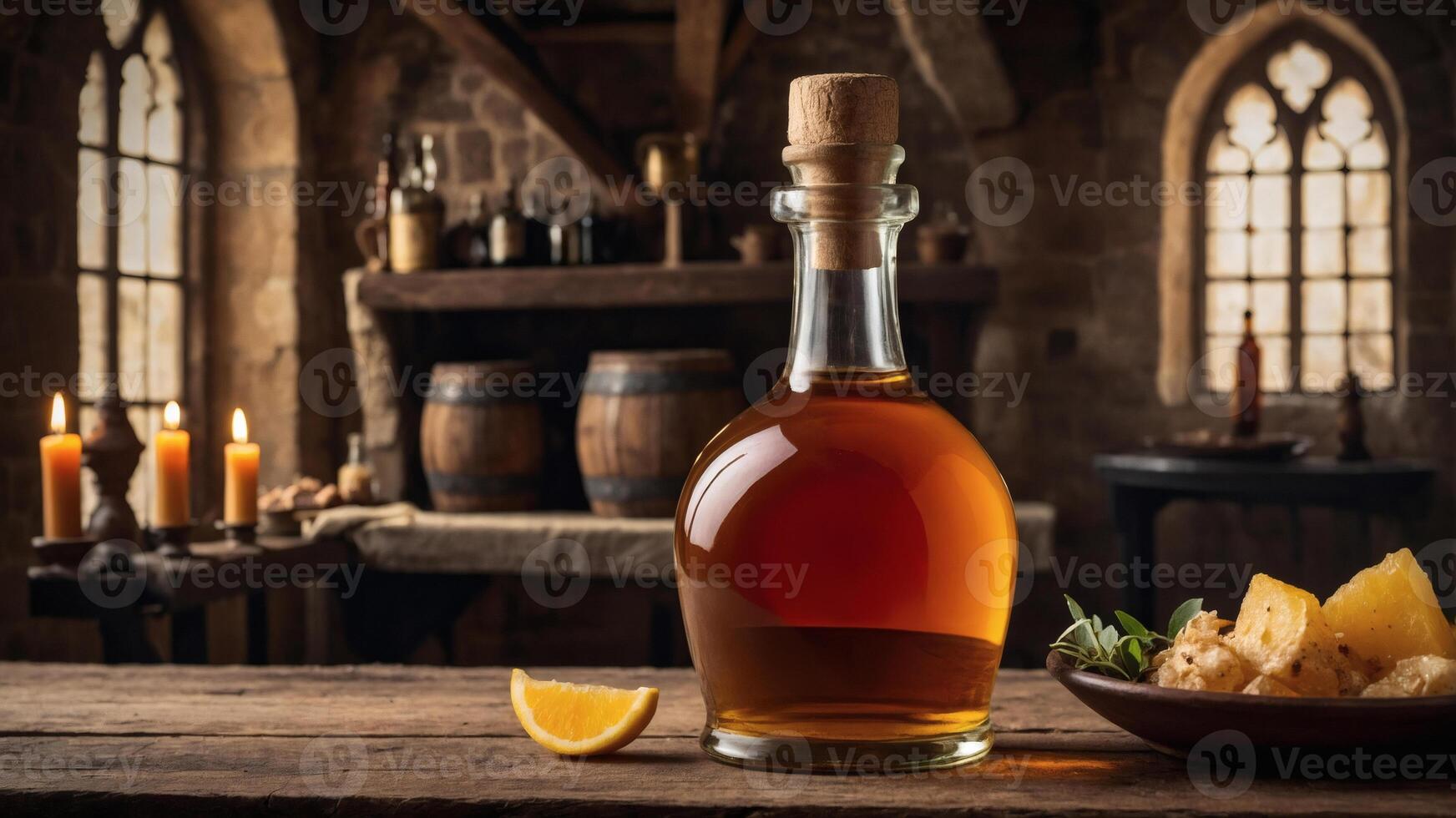 Aged amber liquid in a glass decanter, on a rustic wooden table in a medieval-style setting. A slice of citrus and cheese are nearby. photo