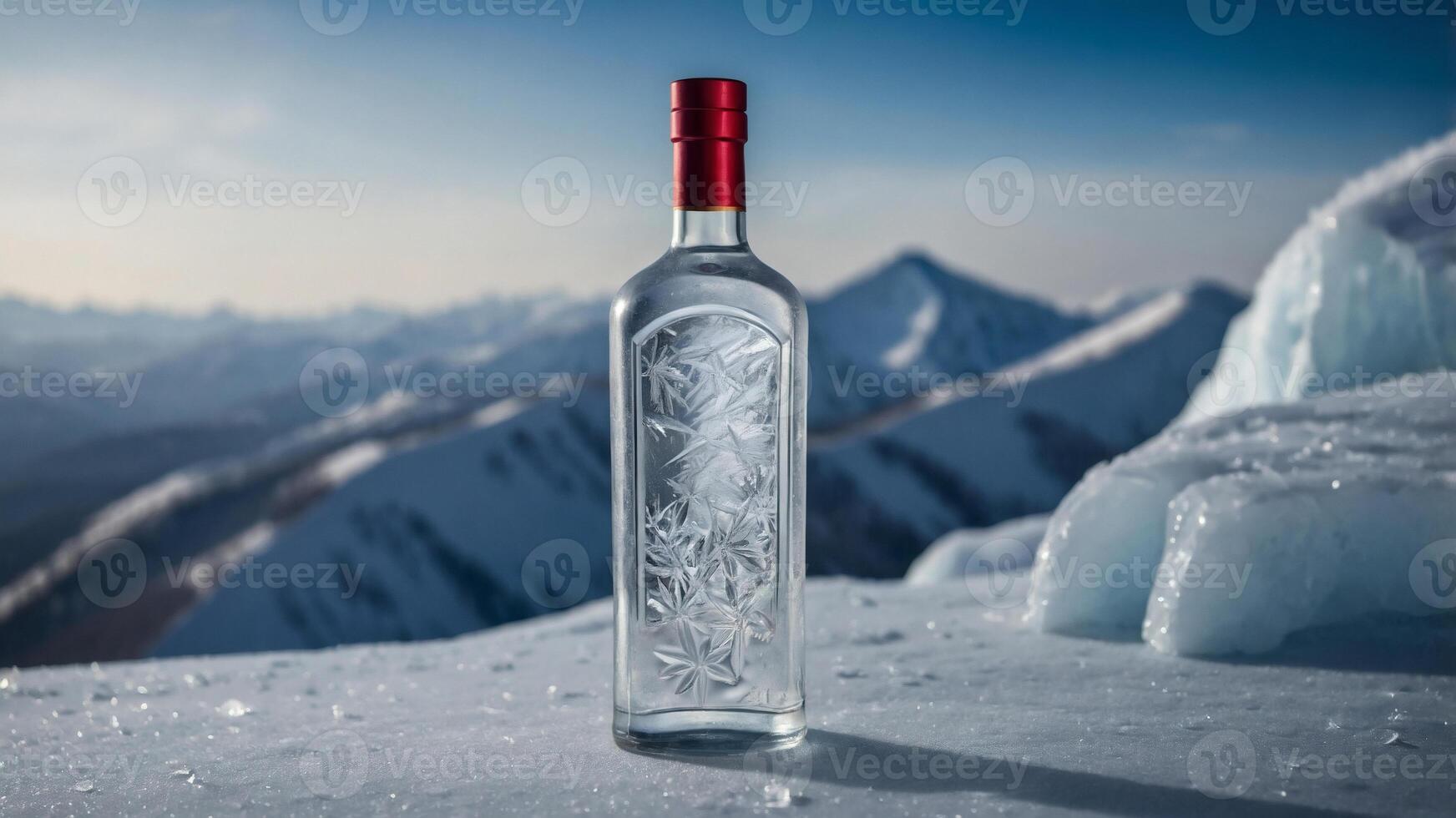 Crystal clear spirit bottle on snowy mountain peak. Stunning alpine backdrop. Perfect for winter campaigns. photo