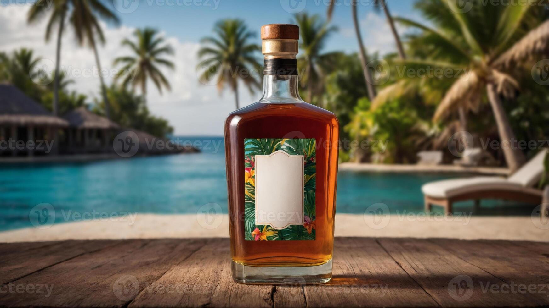 Tropical Rum Bottle Mockup on Wooden Deck. Perfect for summer drink promotions. Blank label for customization. photo