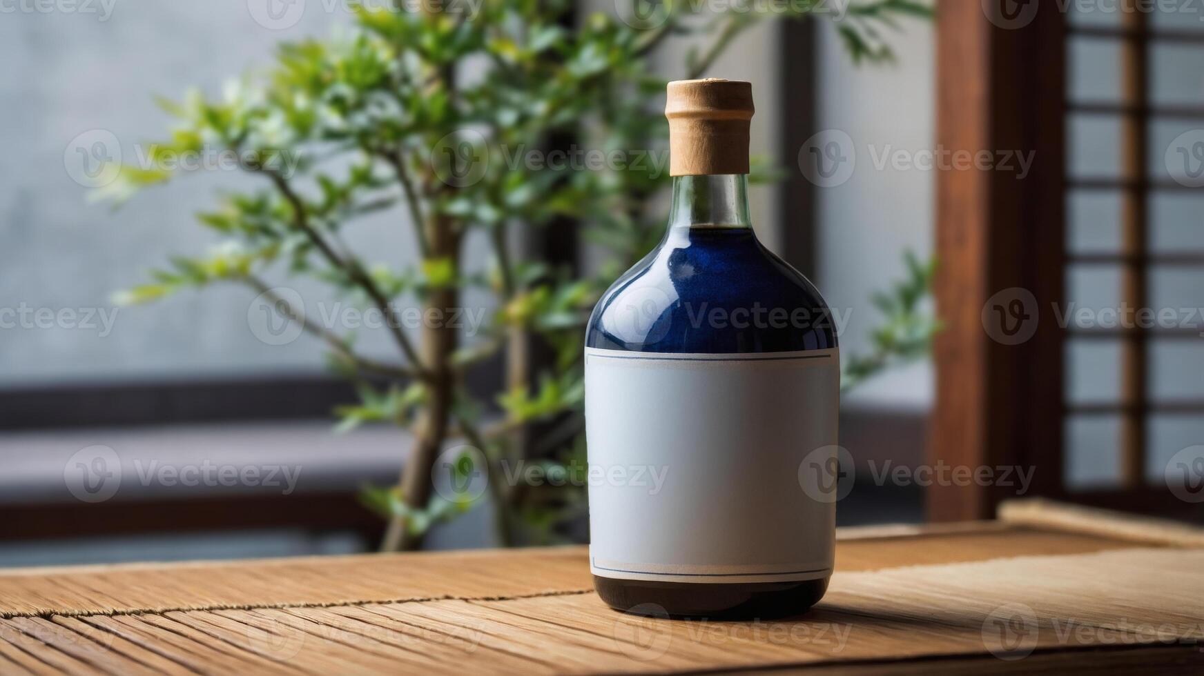 Dark-colored beverage bottle with blank label sits on a wooden surface, a blurred green plant and window are in the background. photo