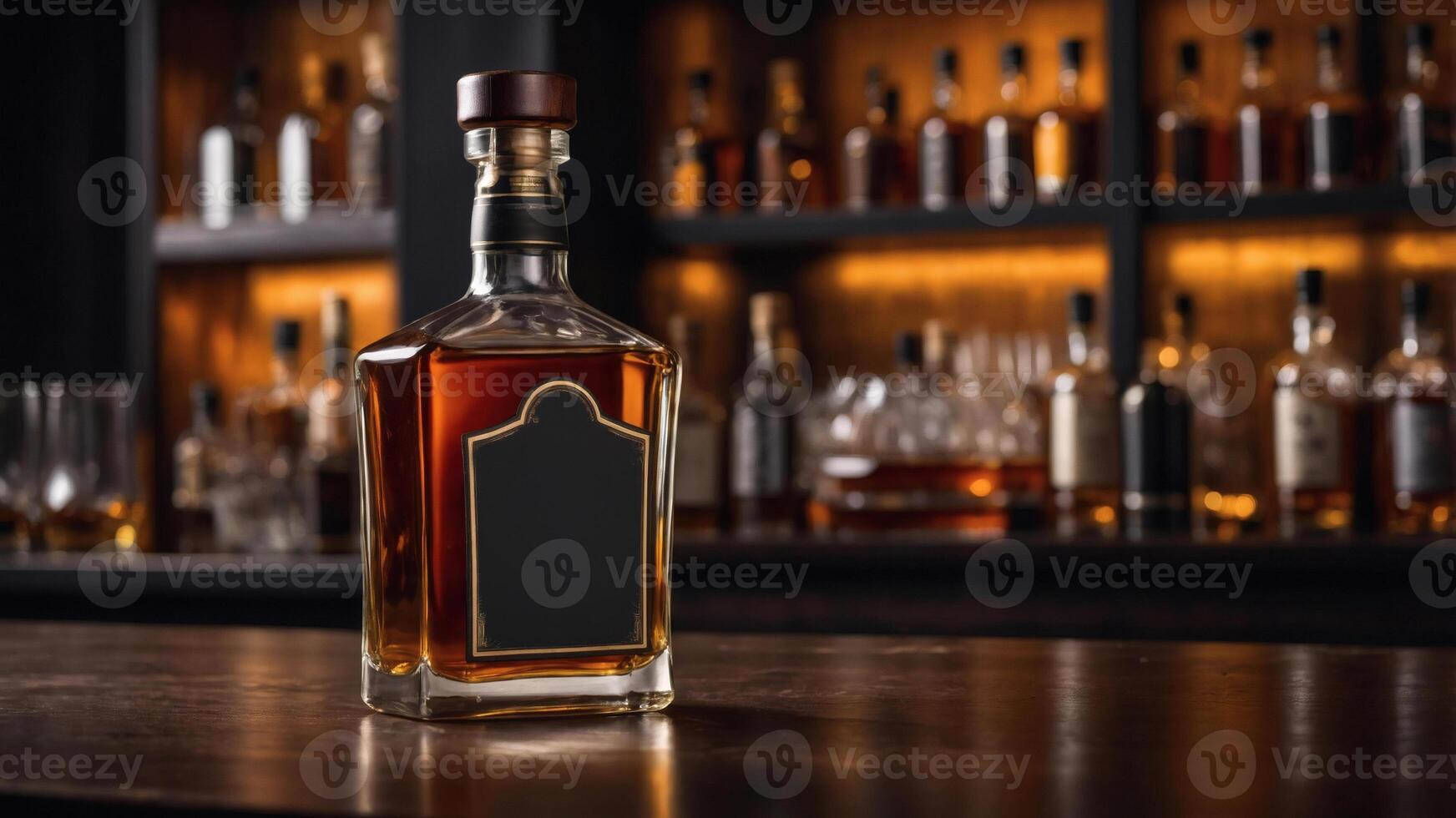 A bottle of amber liquor sits on a bar top, showcasing its blank label. Many other liquor bottles are visible in the background, softly blurred. photo