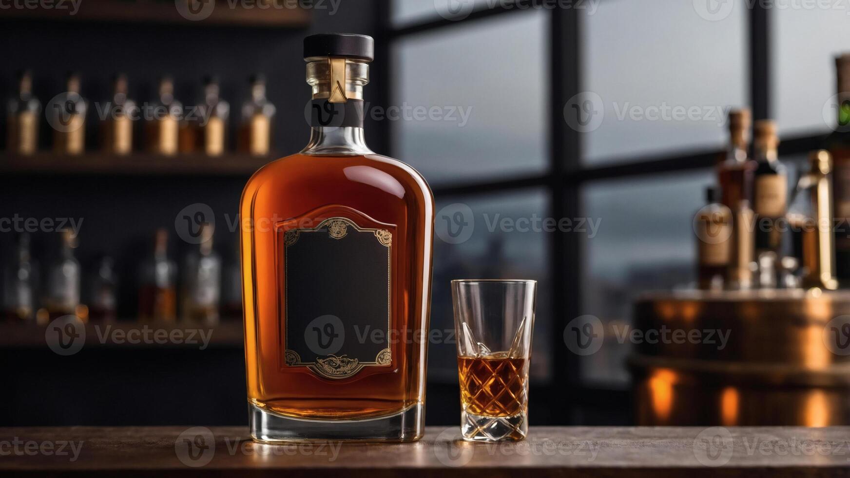 A bottle of amber liquor and a shot glass sit on a wooden bar, showcasing a sleek product design and sophisticated ambiance. photo