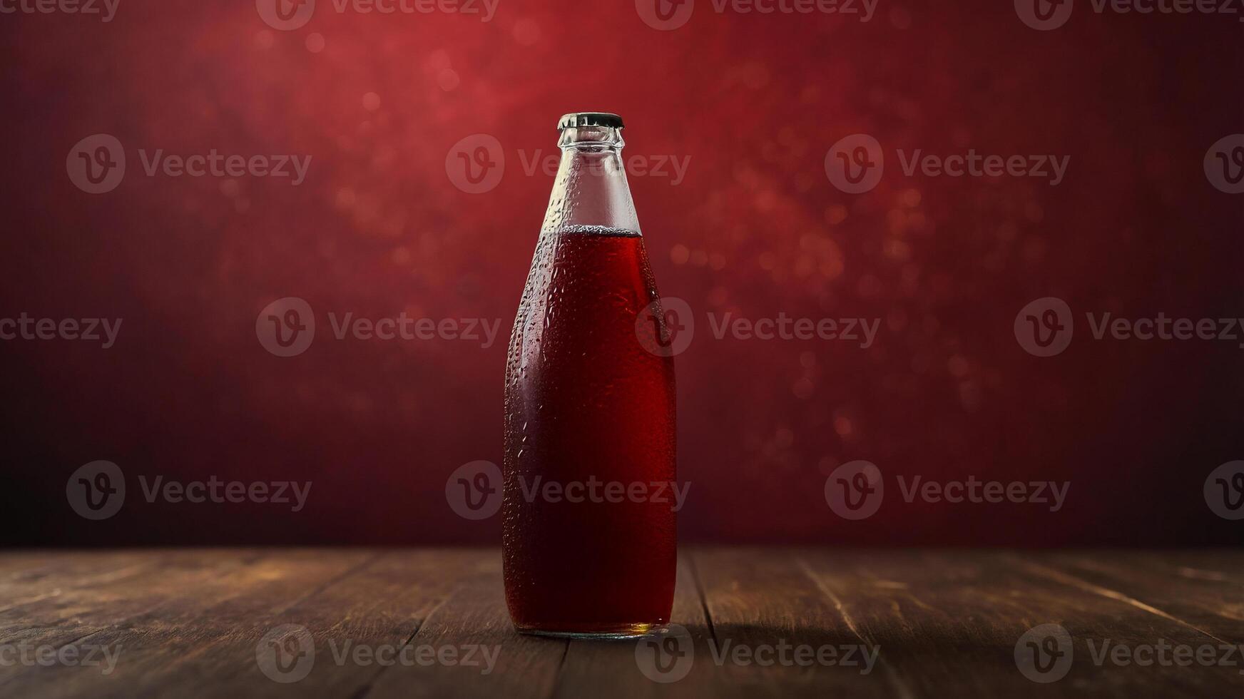 Refreshing red beverage in a glass bottle, condensation visible on the bottle's surface, set against a dark red background. photo