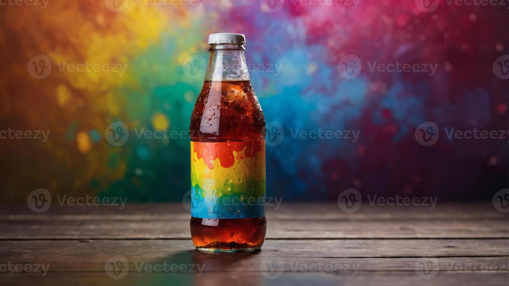 Refreshing soda bottle with vibrant rainbow label against a colorful background. photo