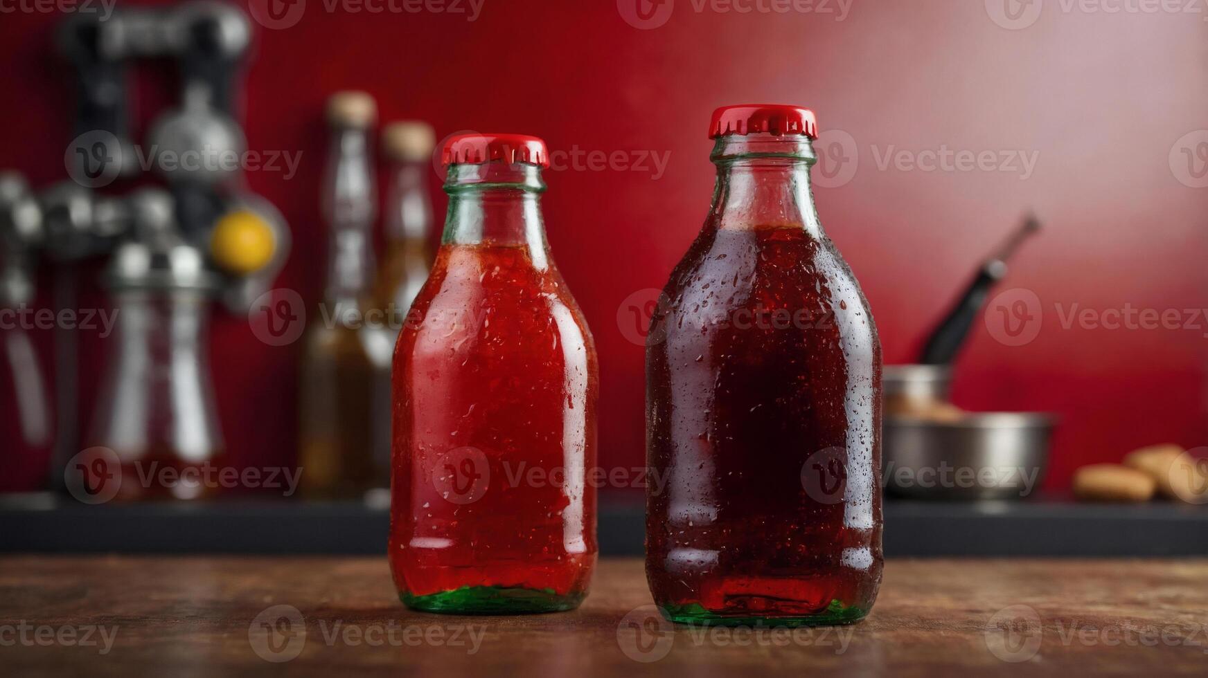 Two glass bottles of red soda, condensation visible, sit on a wooden surface against a blurred red background. photo