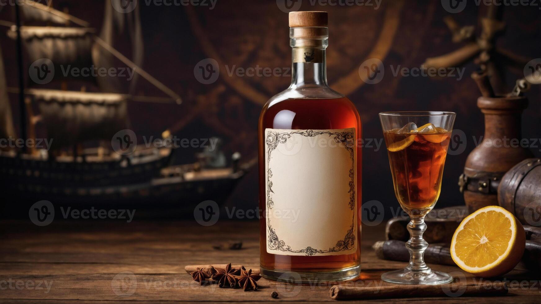 Aged liquor in a vintage bottle, glass, and nautical setting. Perfect for your brand photo