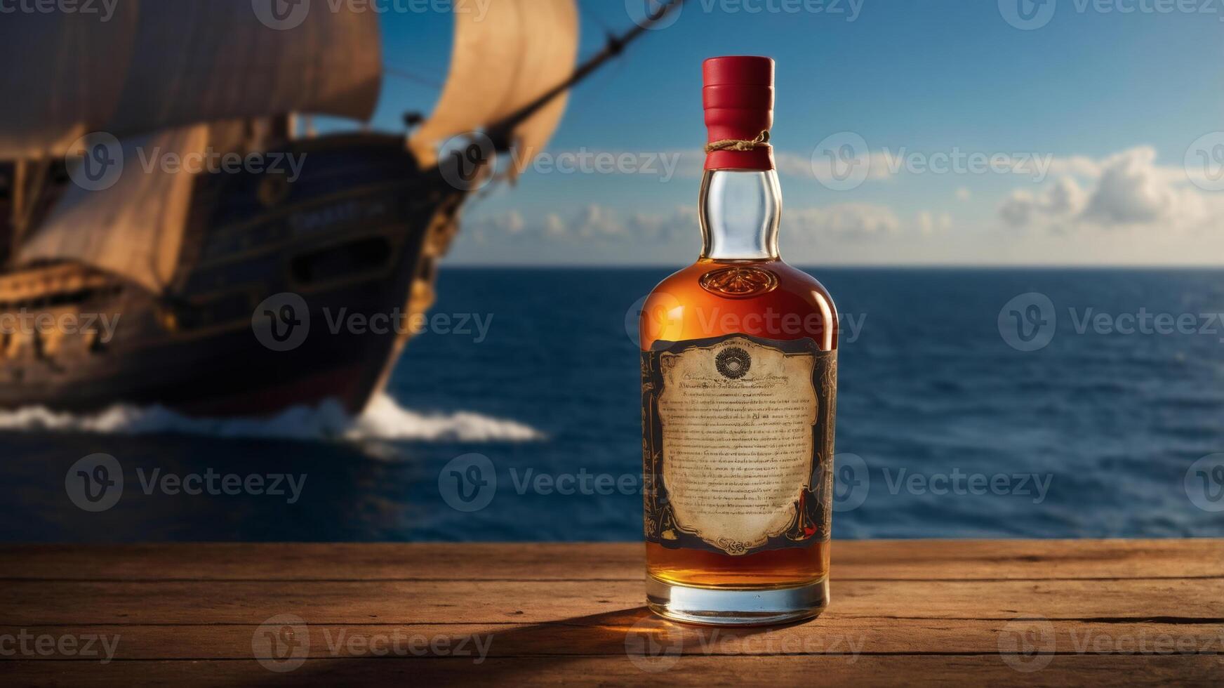 Aged spirit bottle on a wooden dock with a sailing ship at sea in the background. photo