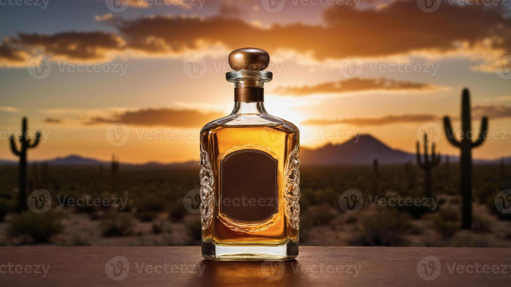Desert sunset backdrop with a bottle of amber liquor, ready for your brand label. photo