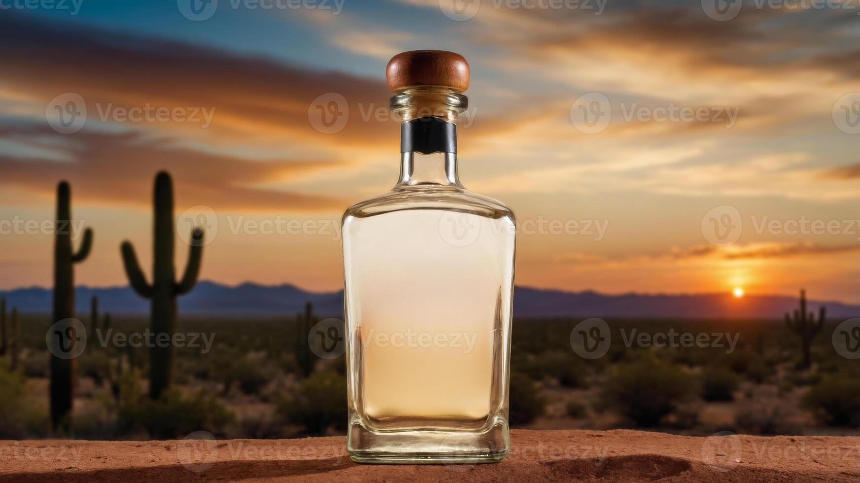 Sunset desert scene with a bottle of clear spirit. Perfect for tequila, vodka, or mezcal branding. photo