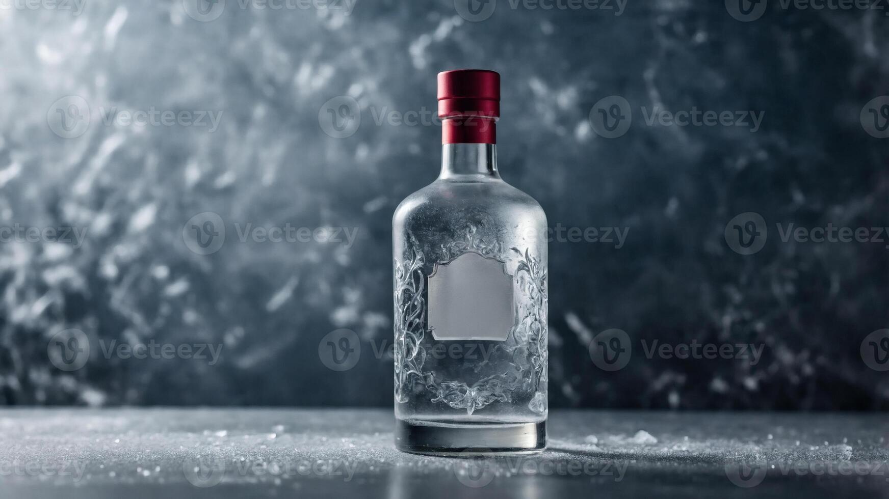 Clear glass bottle with a red cap, sitting on a frosty surface. Perfect for showcasing your spirit or beverage brand. photo