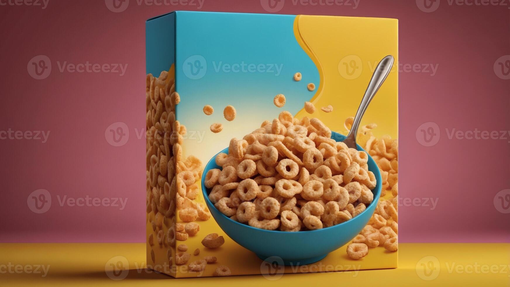 Crispy cereal rings overflowing from a blue bowl and box. A delicious and crunchy breakfast photo