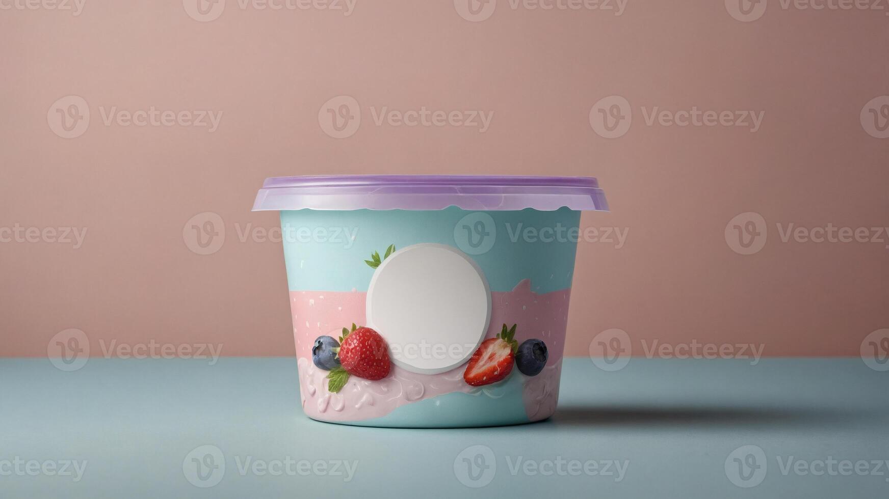 Yogurt parfait in pastel-colored container with fresh berries. Perfect for branding and packaging design. photo