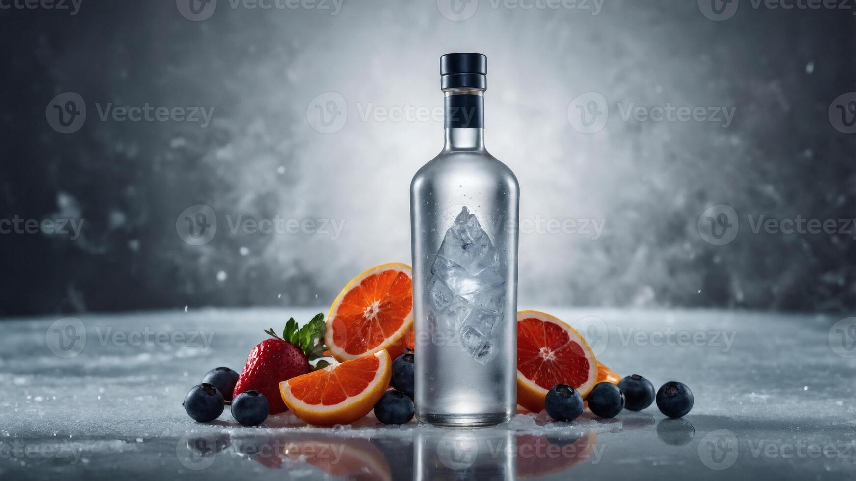 Refreshing drink bottle with citrus and berries. Perfect for summer advertising or health-related campaigns. photo